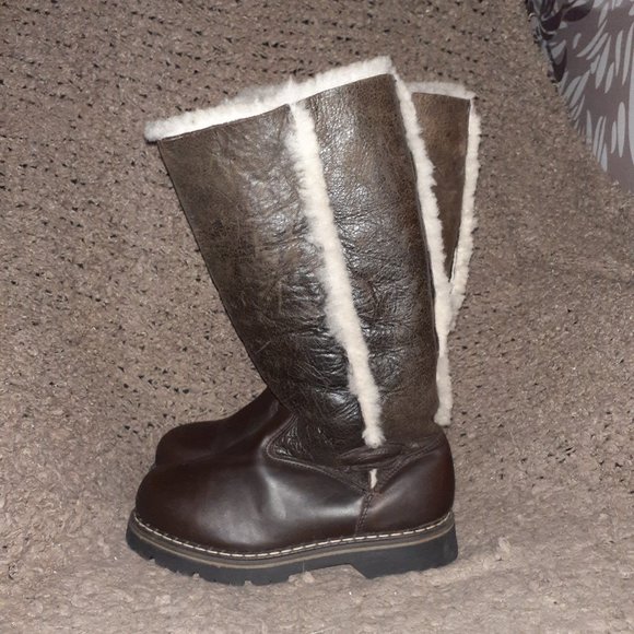 SAUTE MOUTON-Brown Leather/Distressed-Cream Sheepskin & Lining-Sz 38-Excellent - Picture 2 of 8